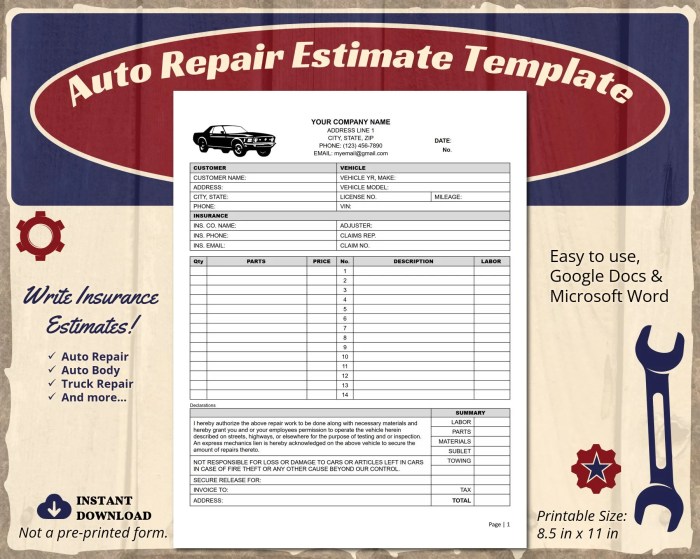 Auto Repair Estimate Template With Insurance Info Also Used - Etsy